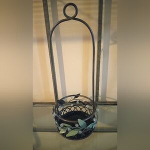 PartyLite Elegant Black Candle Holder with Green Leaf Accents